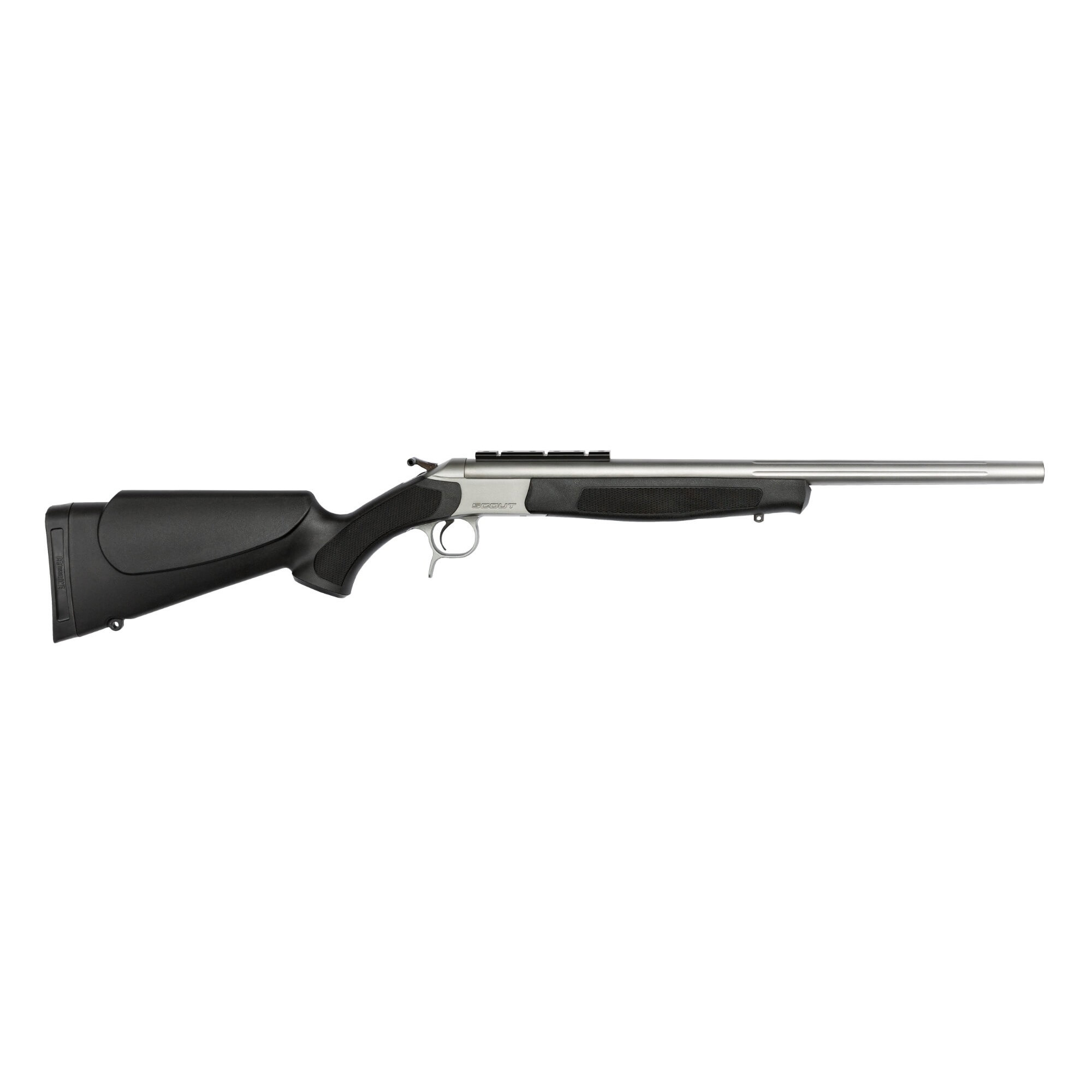 CVA, Scout, Single Shot Rifle, 243 Winchester, 20" Threaded Fluted Barrel, 5/8x24, Stainless Steel Finish, Synthetic Stock, Black, Ambidextrous, Scope Rail, 1 Round