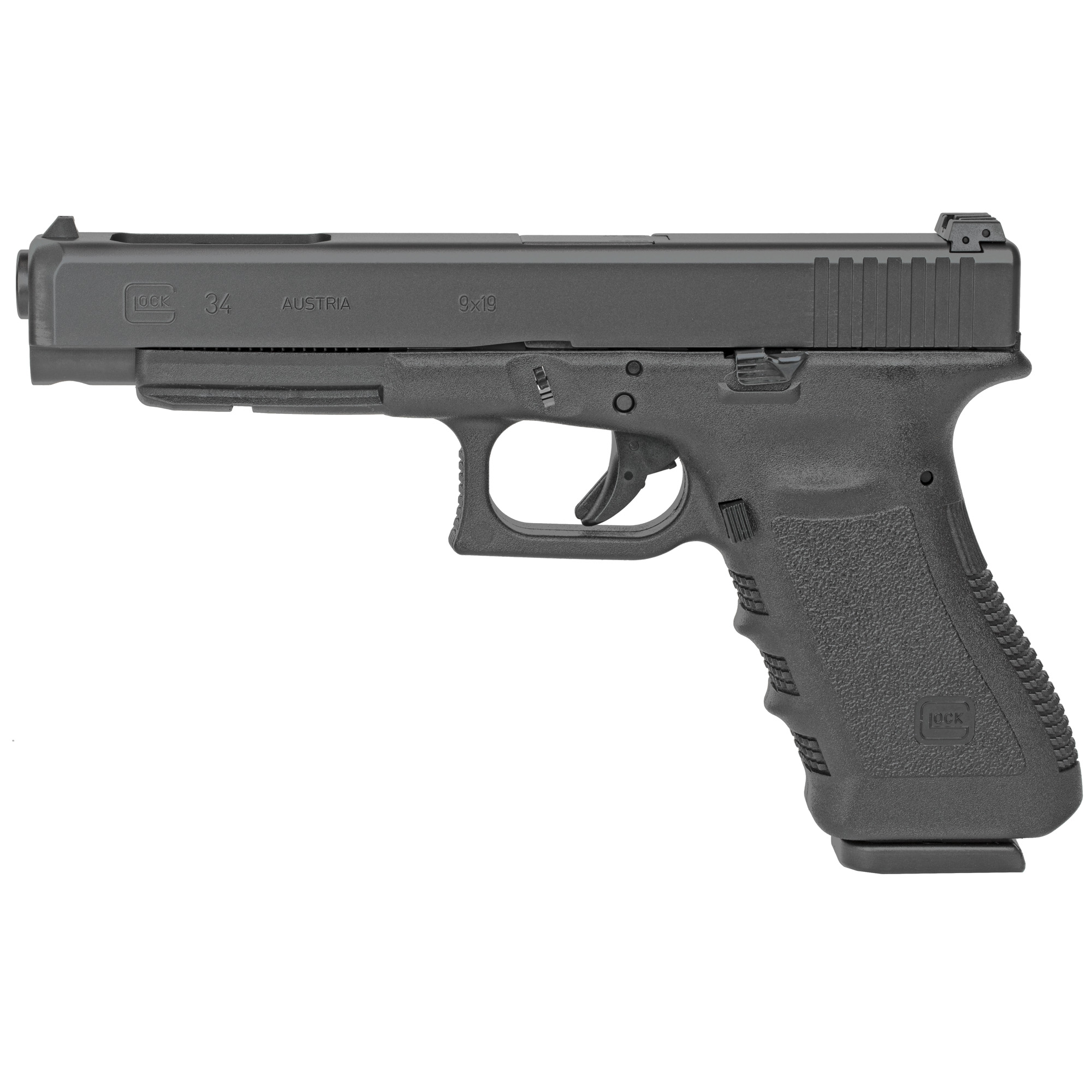 Glock, 34 Gen3, Striker Fired, Semi-automatic, Polymer Frame Pistol, Full Size, 9MM, 5.31" Barrel, Matte Finish, Black, Adjustable Sights, 17 Rounds, 2 Magazines