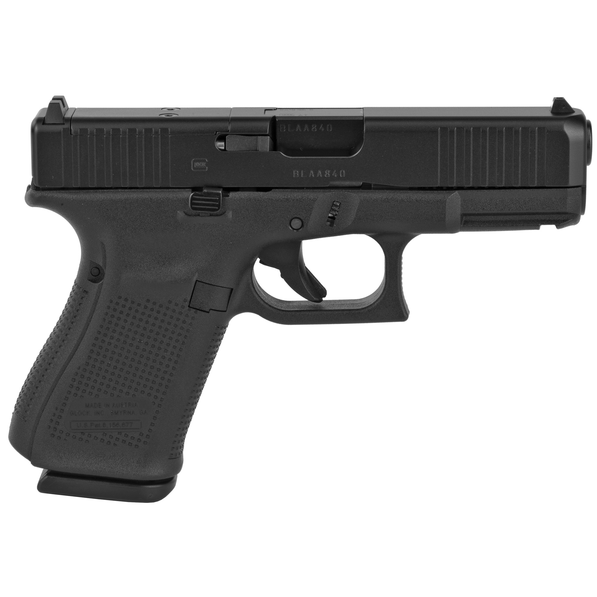 Glock, 19 Gen5 M.O.S., Striker Fired, Compact Size, 9MM, 4.02" Marksman Barrel, Polymer Frame, Matte Finish, Fixed Sights, 15Rd, 3 Magazines, Front Serrations, Ambidextrous Slide Stop Lever, Flared Mag Well, nDLC Finished Slide and Barrel