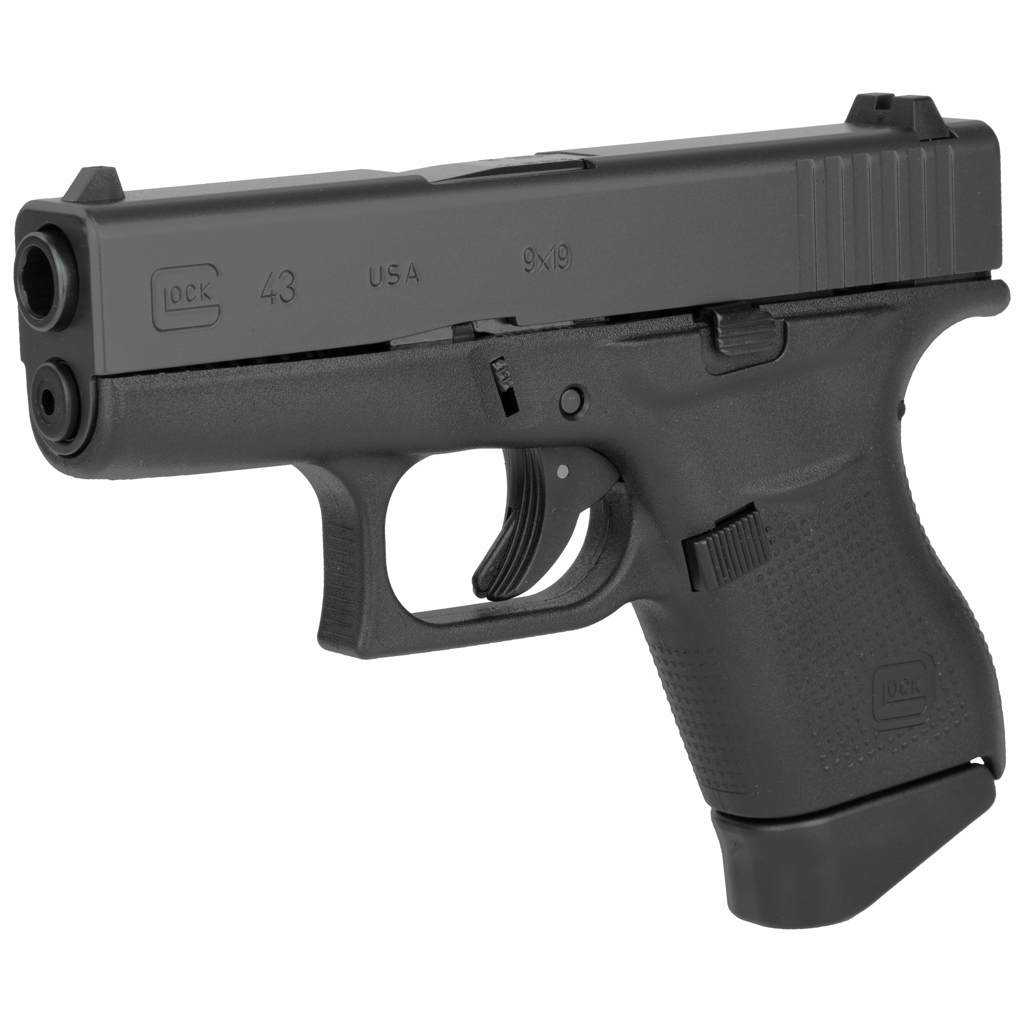 Glock, 43, Striker Fired, Semi-automatic, Polymer Frame Pistol, Sub-Compact, 9MM, 3.41" Barrel, Matte Finish, Black, No Finger Grooves, Fixed Sights, 6 Rounds, 2 Magazines