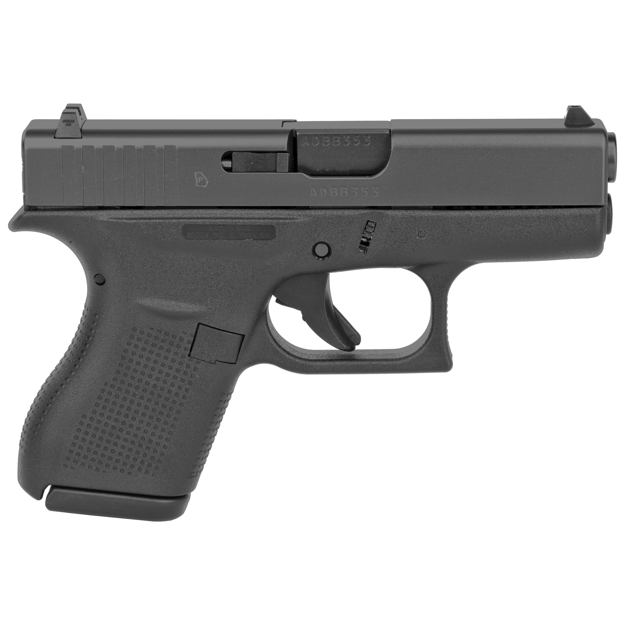 Glock, 42, Striker Fired, Semi-automatic, Polymer Frame Pistol, Sub-Compact, 380 ACP, 3.25" Barrel, Matte Finish, Black, No Finger Grooves, Fixed Sights, 6 Rounds, 2 Magazines