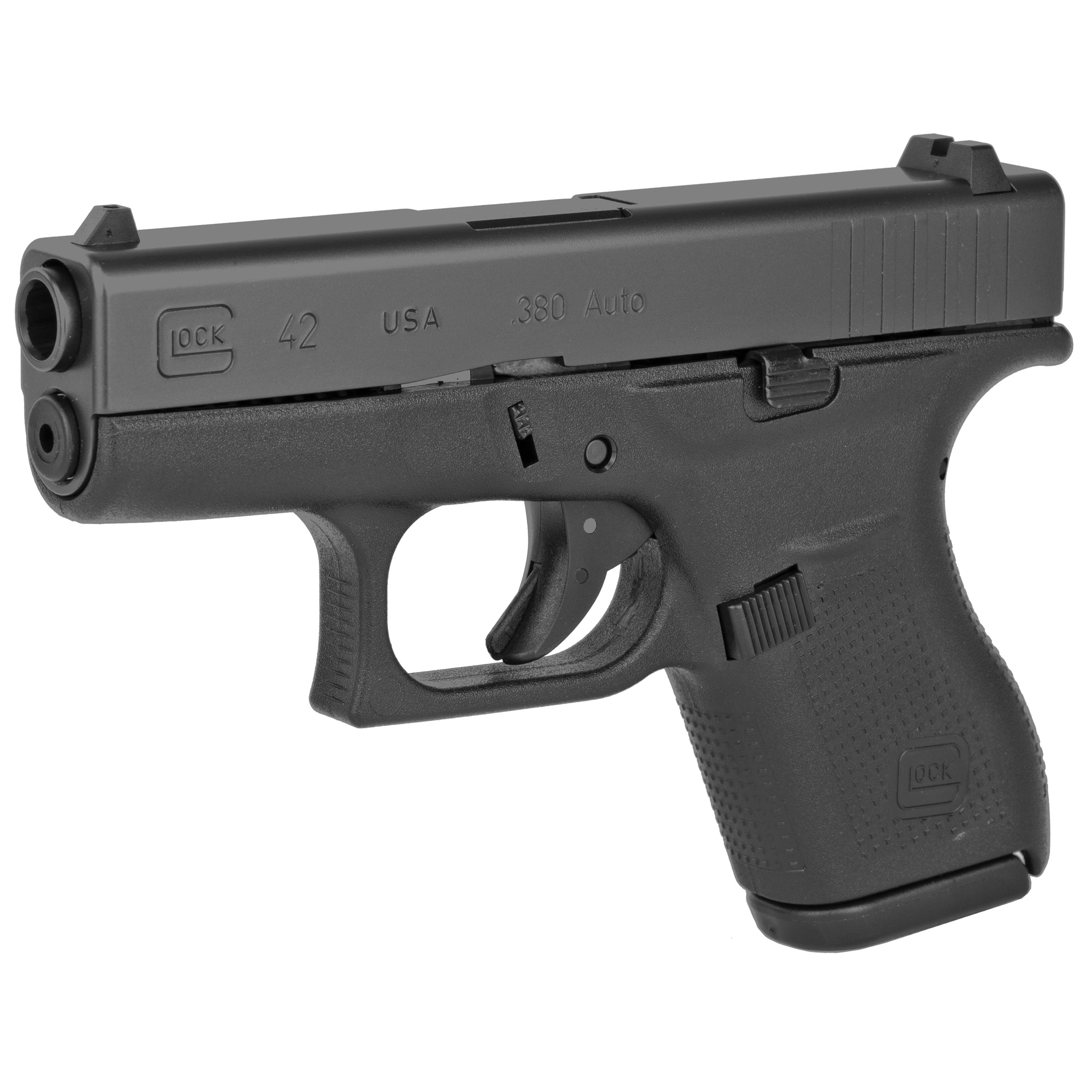 Glock, 42, Striker Fired, Semi-automatic, Polymer Frame Pistol, Sub-Compact, 380 ACP, 3.25" Barrel, Matte Finish, Black, No Finger Grooves, Fixed Sights, 6 Rounds, 2 Magazines