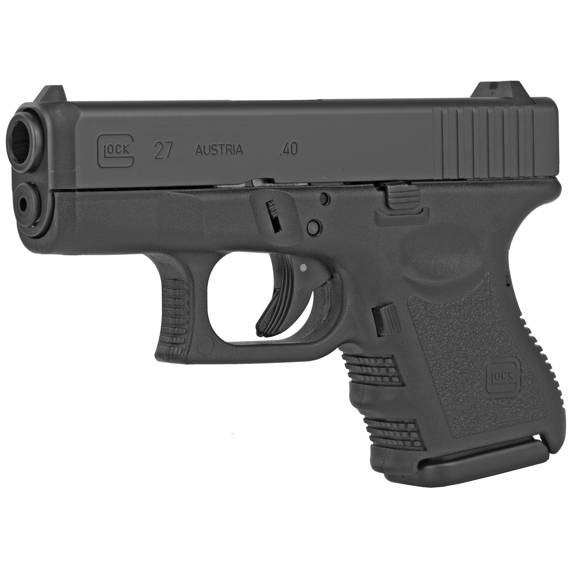 Glock, 27 Gen3, Striker Fired, Semi-automatic, Polymer Frame Pistol, Sub-Compact, 40 S&W, 3.43" Barrel, Matte Finish, Black, Fixed Sights, 9 Rounds, 2 Magazines, Right Hand