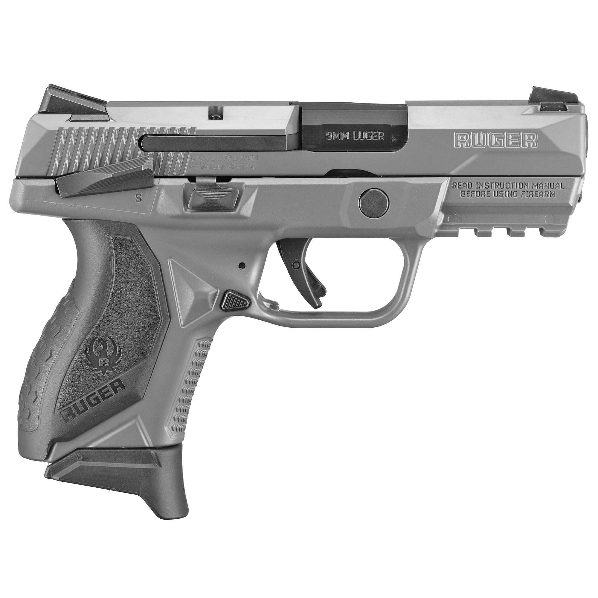 Ruger, American Compact, Striker Fired, Semi-automatic, Polymer Frame Pistol, Compact, 9MM, 3.5" Barrel, Cerakote Finish, Gray, Novak LoMount 3-Dot Sights, Ambidextrous Manual Safety, 17 Rounds, 2 Magazines, (1)-17 Rounds and (1)-12 Rounds, Ambidextrous