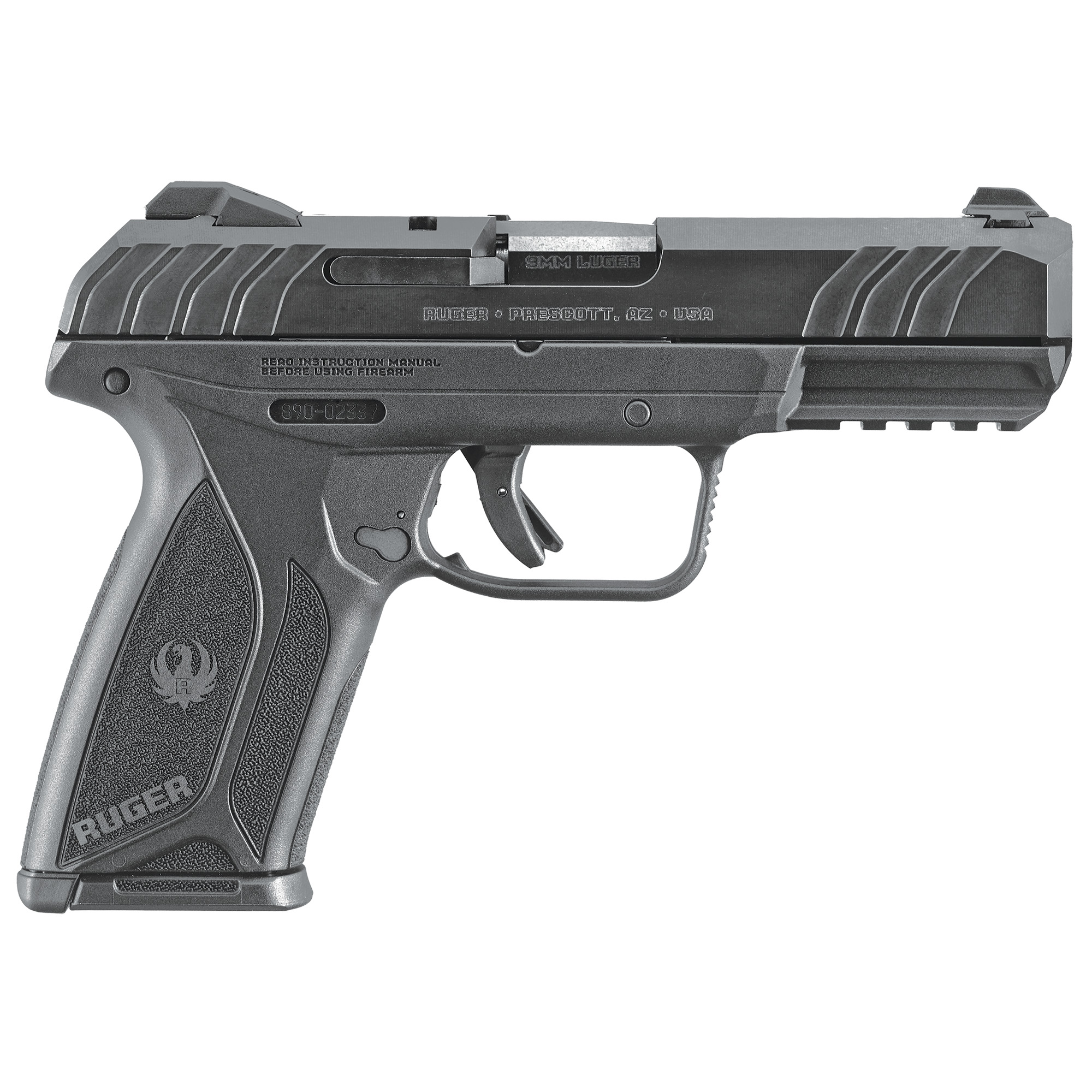 Ruger, Security-9, Double Action, Semi-automatic, Polymer Frame Pistol, Full Size, 9MM, 4" Barrel, Blued Finish, 3 Dot Drift-Adjustable Sights, Manual Safety and Integrated Trigger Safety, 15 Rounds, 2 Magazines, Right Hand