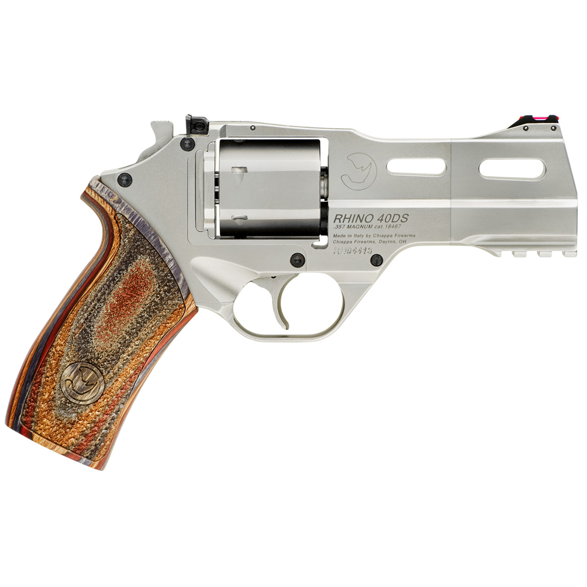 Chiappa Firearms, Rhino 40DS Revolver, Double Action/Single Action, 357 Magnum/38 Special, 4" Barrel, Alloy, Nickel Finish, Walnut Grips, Fiber Optic Front Sight, Adjustable Rear Sight, 6 Rounds, 3 Moon Clips