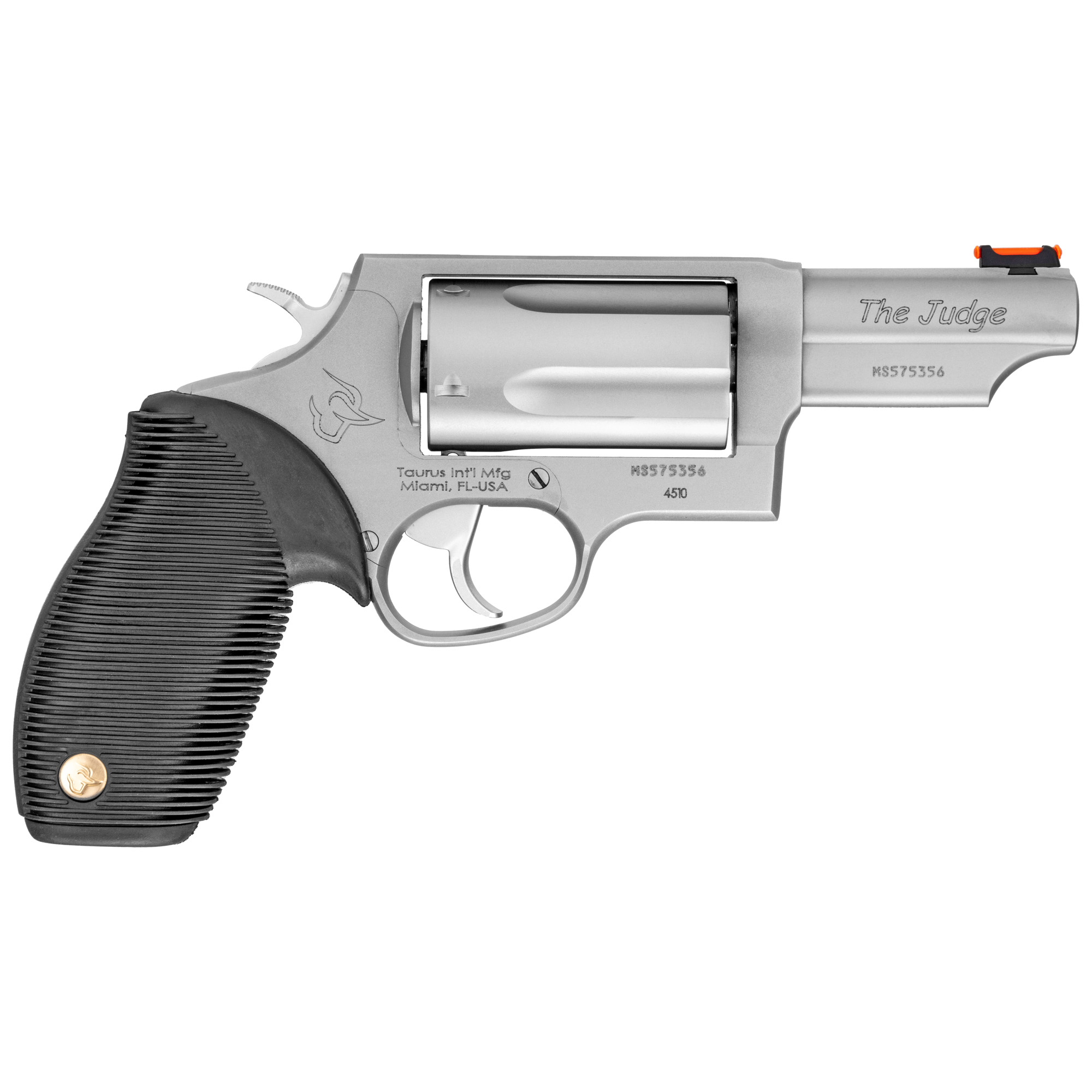 Taurus, Judge, Double Action, Metal Frame Revolver, Large Frame, 410 Gauge/45LC, 3" Barrel, 2.5" Chamber, Stainless Steel, Matte Finish, Silver, Rubber Grips, Fiber Optic Front Sight, 5 Rounds