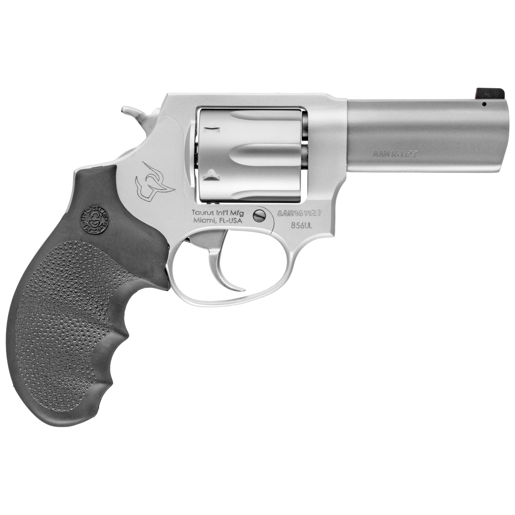 Taurus, Model 856, Double Action, Metal Frame Revolver, Medium Frame, 38 Special, 3" Barrel, Alloy, Matte Stainless Finish, Silver, Hogue Grip, 6 Rounds