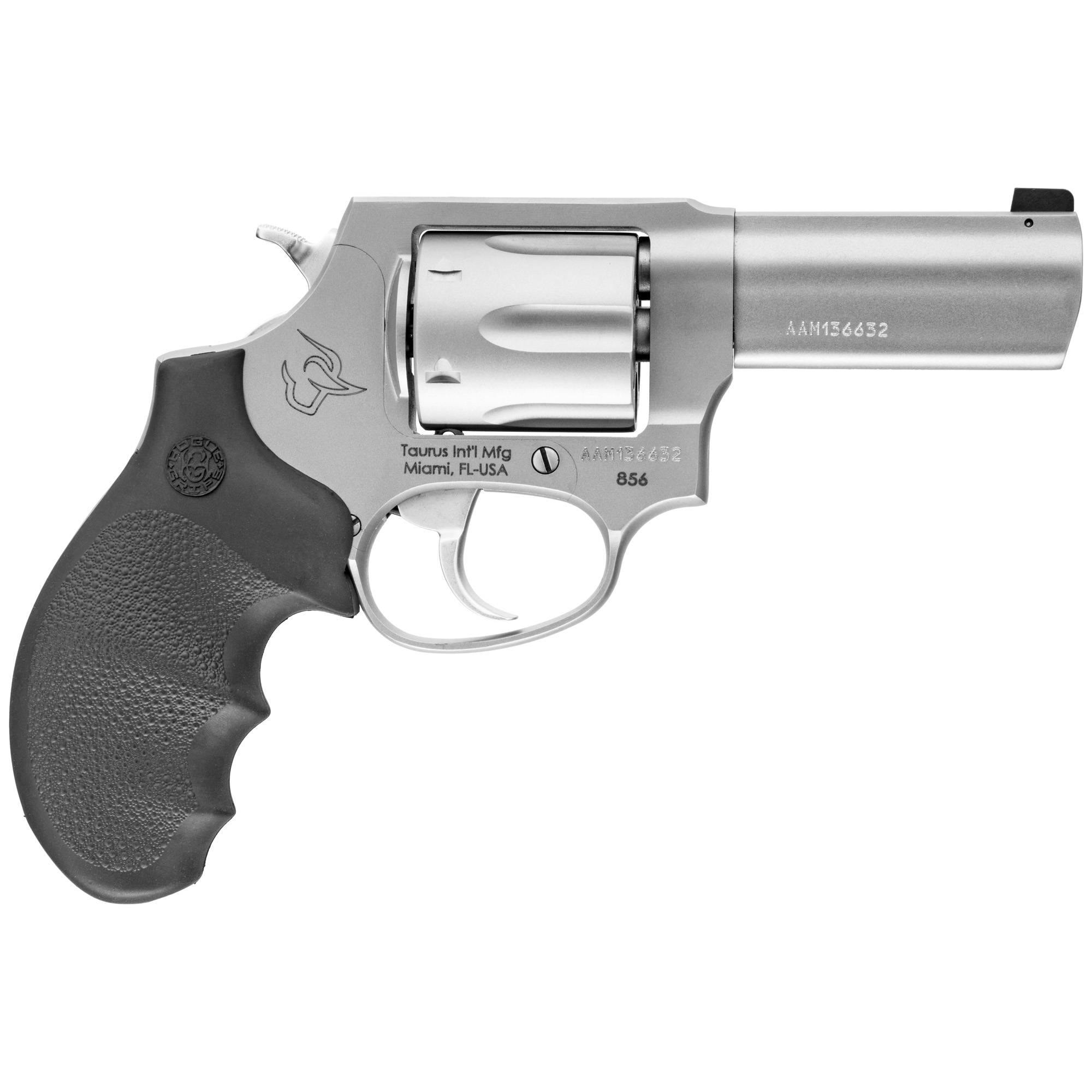 Taurus, Model 856, Double Action, Metal Frame Revolver, Medium Frame, 38 Special, 3" Barrel, Stainless Steel, Matte Finish, Silver, Hogue Grip, 6 Rounds