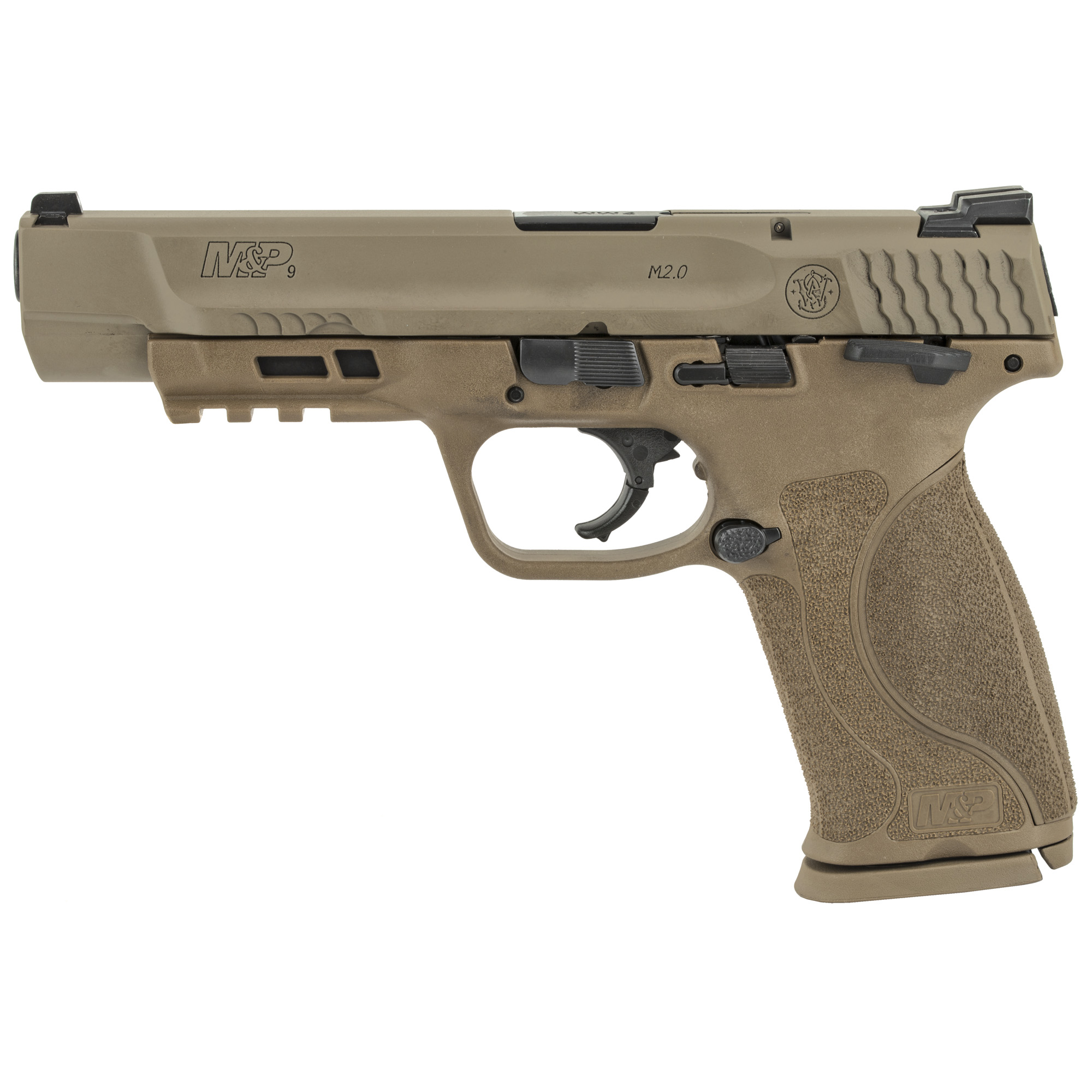 Smith & Wesson, M&P 2.0, Striker Fired, Semi-automatic, Polymer Frame Pistol, Full Size, 9MM, 5" Barrel, Armornite Finish, Flat Dark Earth, 3 Dot Sights, Manual Thumb Safety, 17 Rounds, 2 Magazines