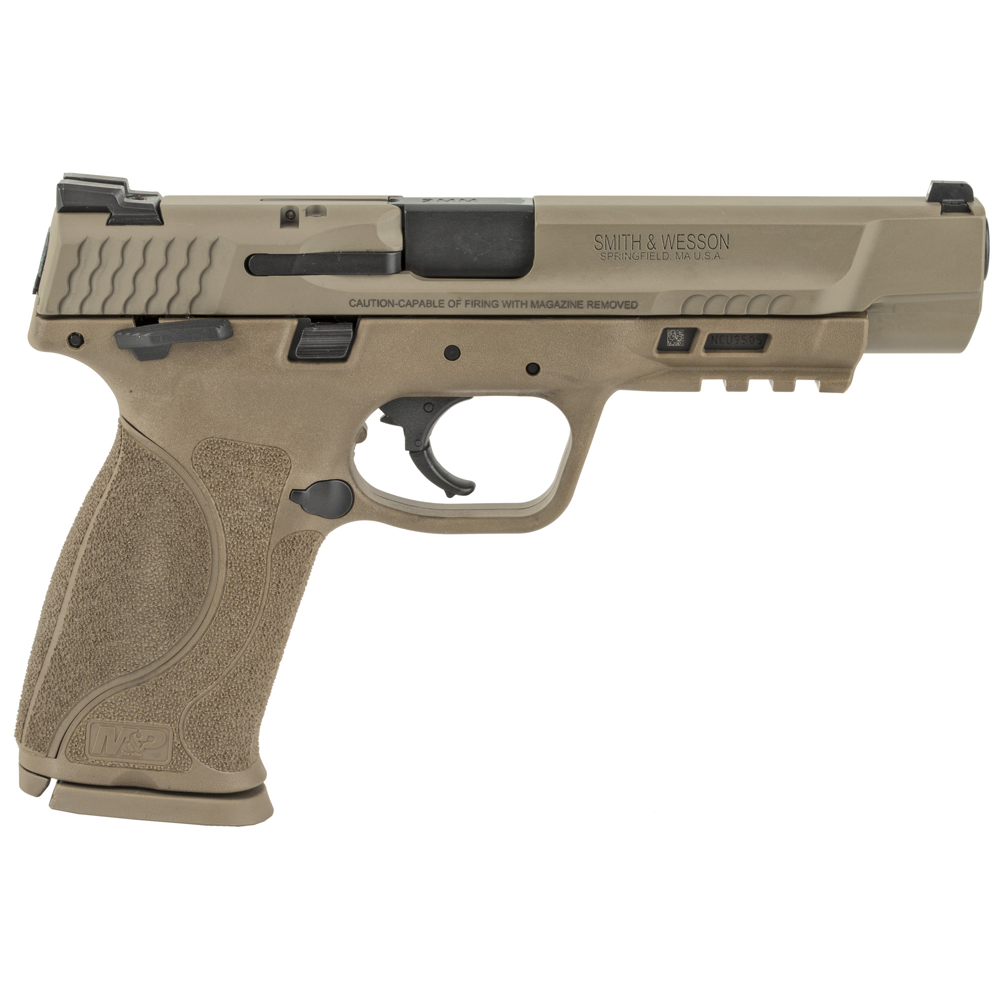 Smith & Wesson, M&P 2.0, Striker Fired, Semi-automatic, Polymer Frame Pistol, Full Size, 9MM, 5" Barrel, Armornite Finish, Flat Dark Earth, 3 Dot Sights, Manual Thumb Safety, 17 Rounds, 2 Magazines