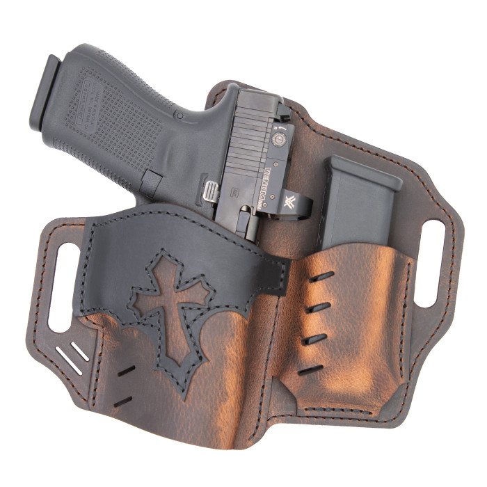 Versacarry Underground Premium Guardian Arc Angel Holster with magazine Pouch Glock 17/19 and Similar OWB Right Hand Water Buffalo Leather Distressed Brown and Black