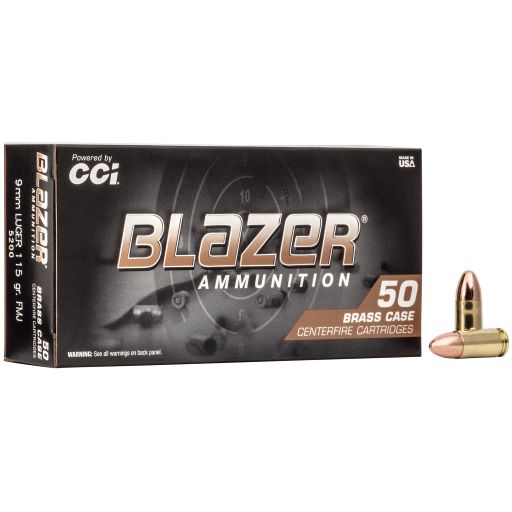 Blazer Ammunition, Blazer Brass, 9mm, 115 Grain, Full Metal Jacket, 50 Round Box