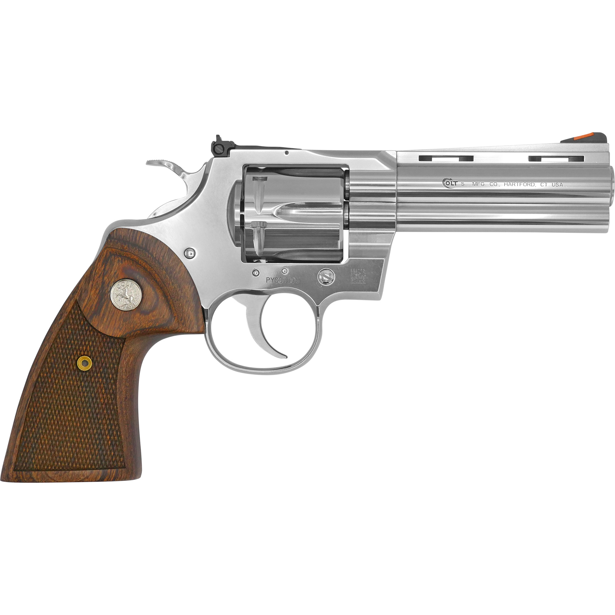 Colt's Manufacturing, Python, Revolver, Double Action Only, 357 Magnum, 4.25" Barrel, Steel, Stainless Finish, Walnut Grips, Red Ramp Front/Adjustable Rear Sight, 6 Rounds